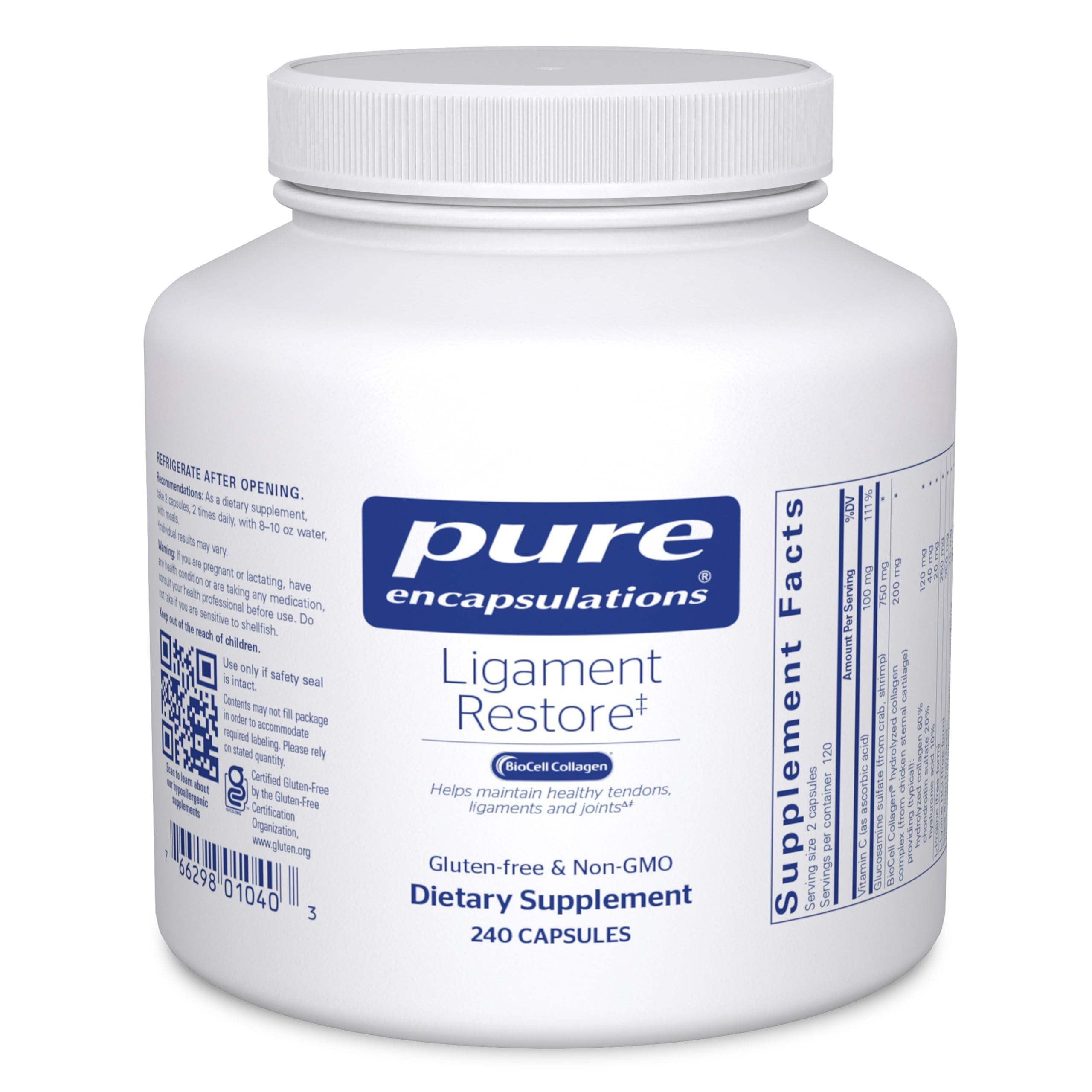 Pure Encapsulations Ligament Restore bottle front showing premium joint support formula