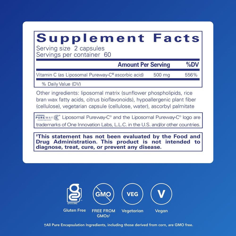 Pure Encapsulations liposomal vitamin C bottle showing a convenient daily supplement routine.