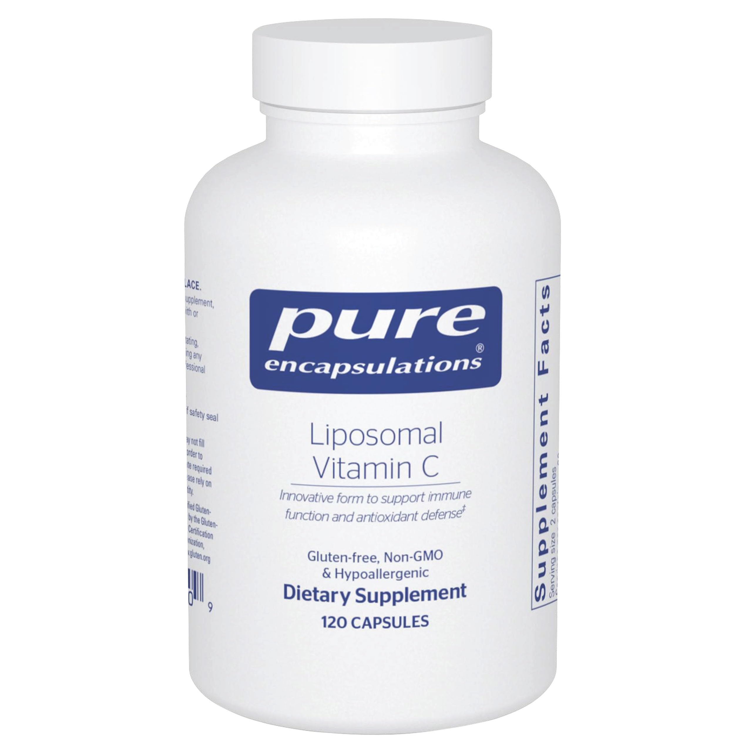 Pure Encapsulations liposomal vitamin C capsule closeup highlighting enhanced absorption for daily use.