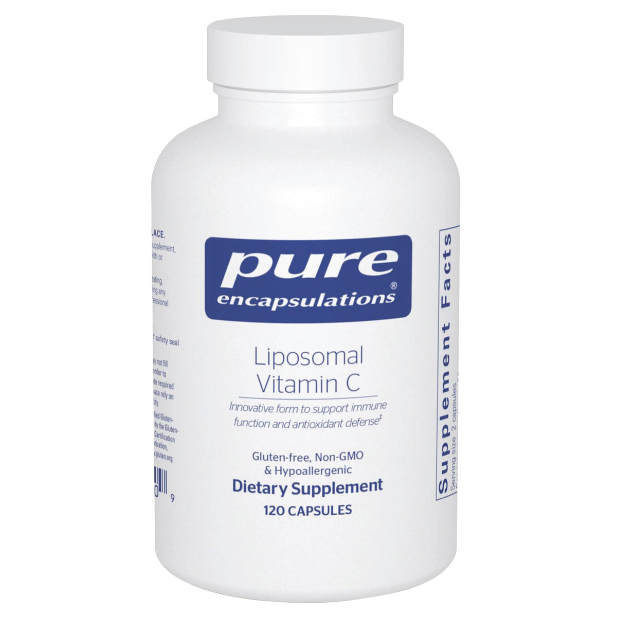 Pure Encapsulations liposomal vitamin C capsule closeup highlighting enhanced absorption for daily use.