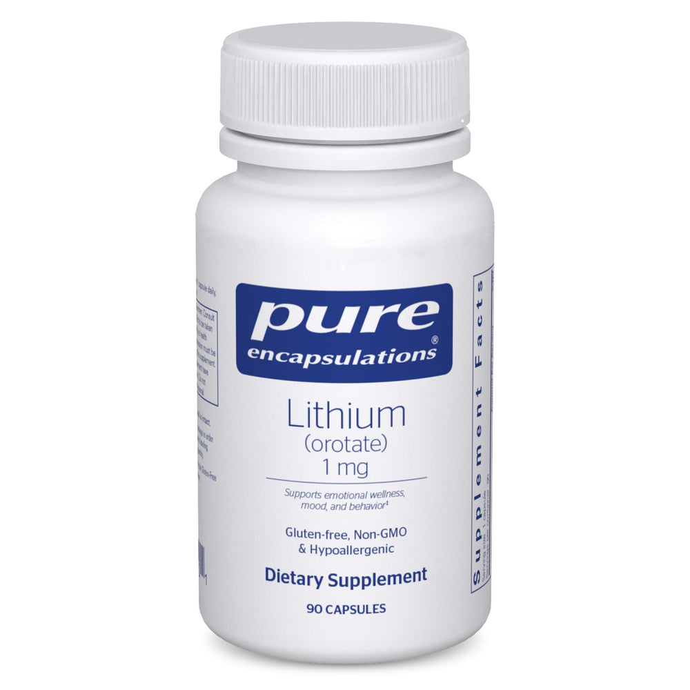 Pure Encapsulations Lithium Orotate 1 mg bottle, supports calmness during daily routines.