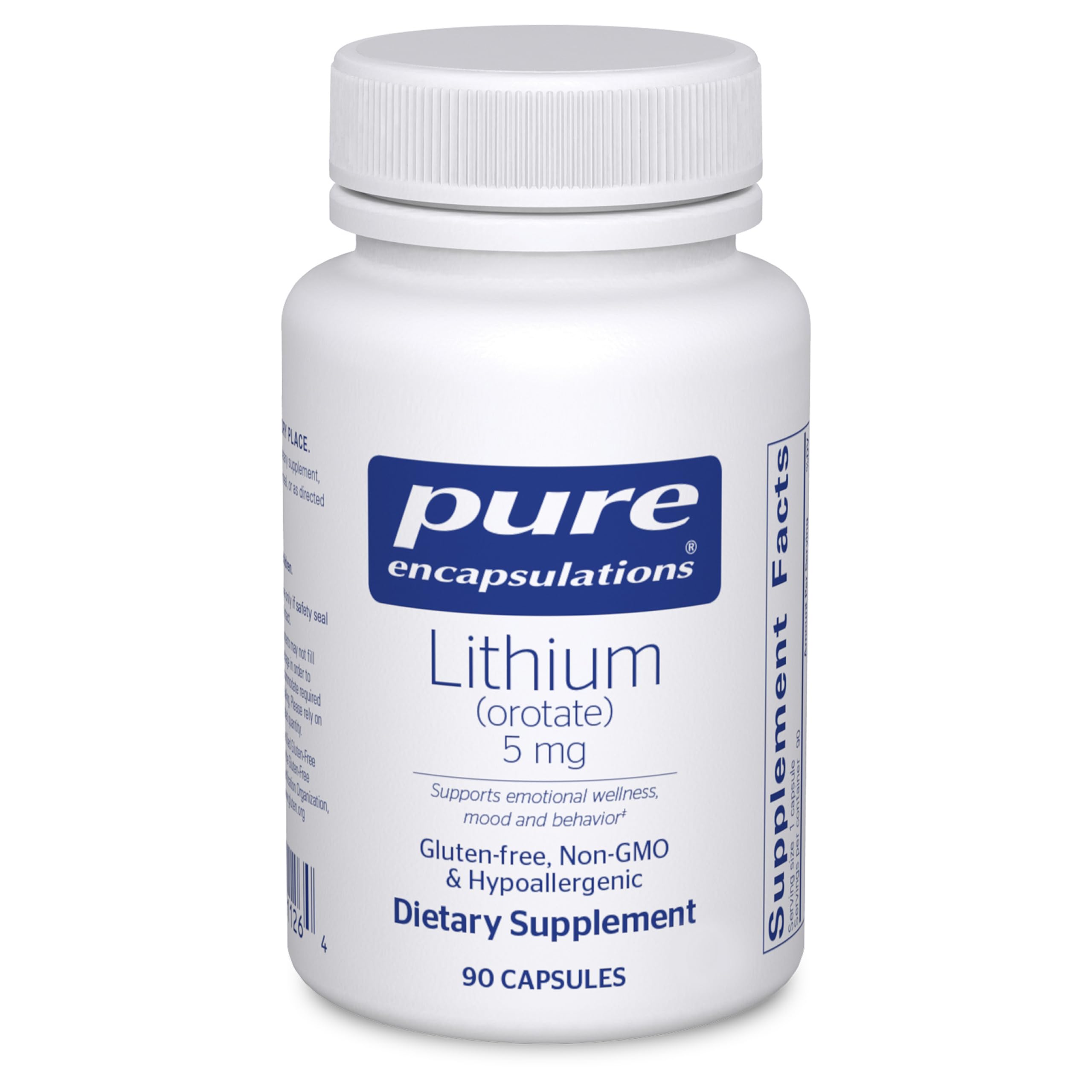 Pure Encapsulations Lithium Orotate 5 mg bottle on display supports daily brain health goals.