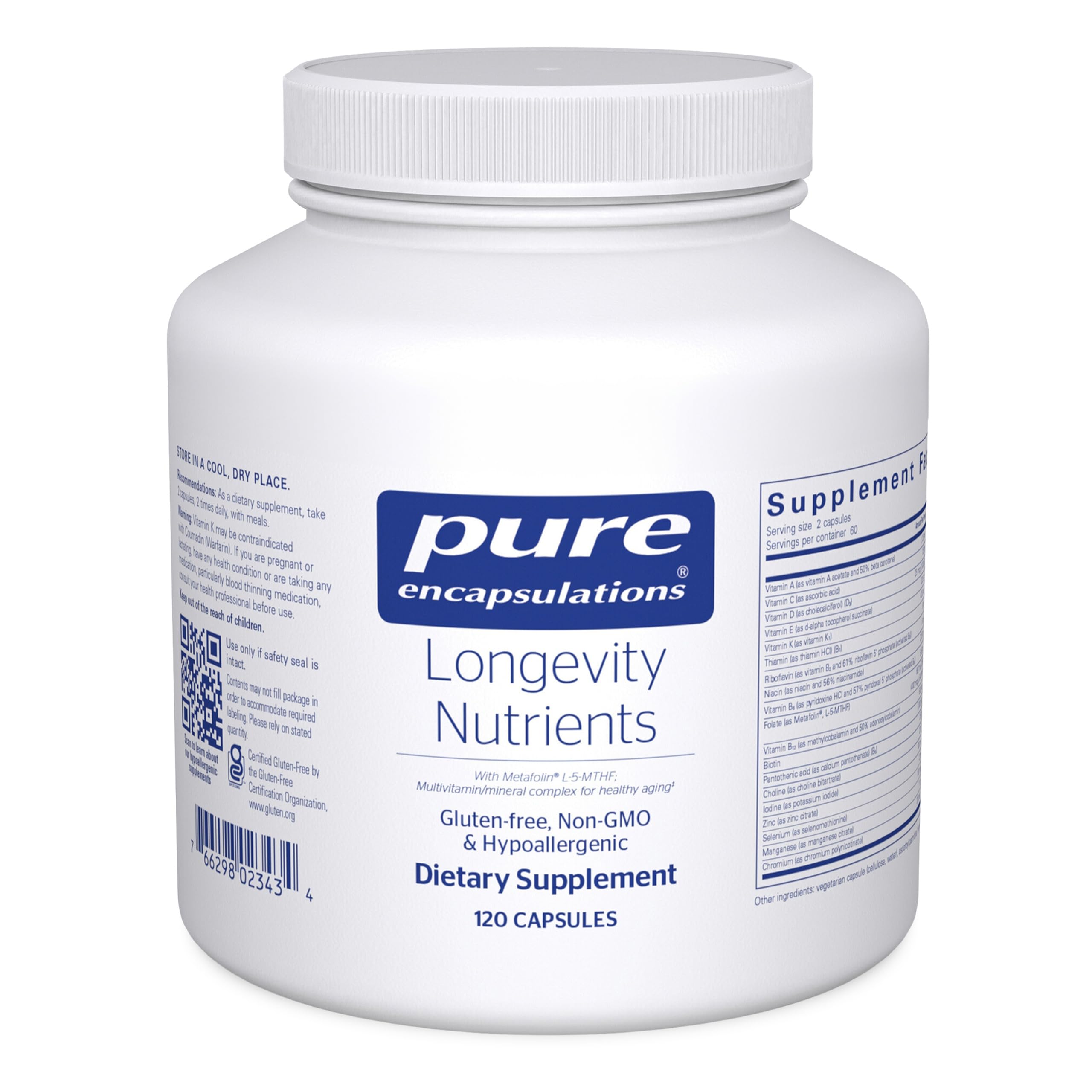 Pure Encapsulations Longevity Nutrients bottle front view for healthy aging support.