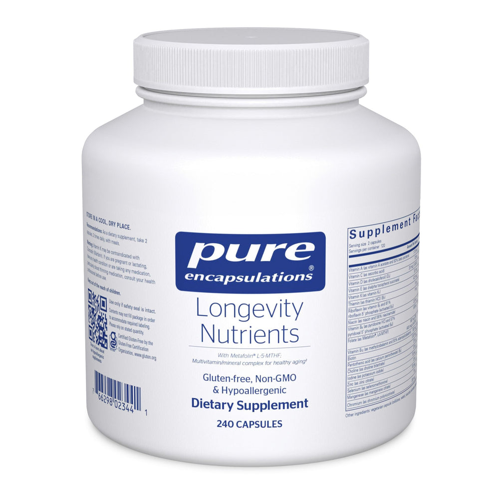 Pure Encapsulations Longevity Nutrients bottle front indicating aging wellness support