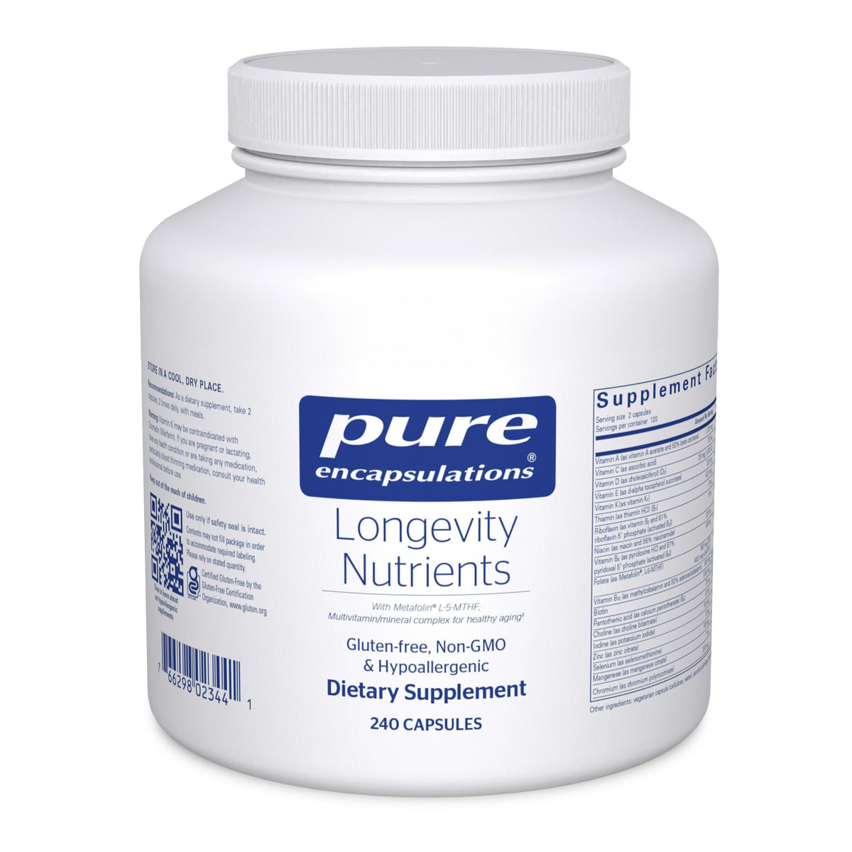 Pure Encapsulations Longevity Nutrients bottle front indicating aging wellness support
