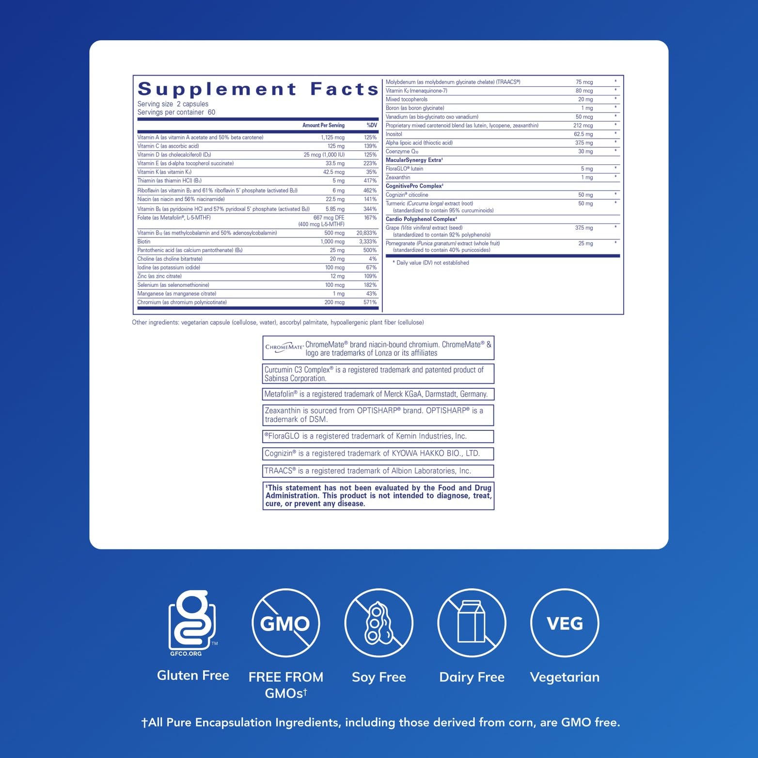 Close-up of Longevity Nutrients label highlighting essential vitamins and minerals.