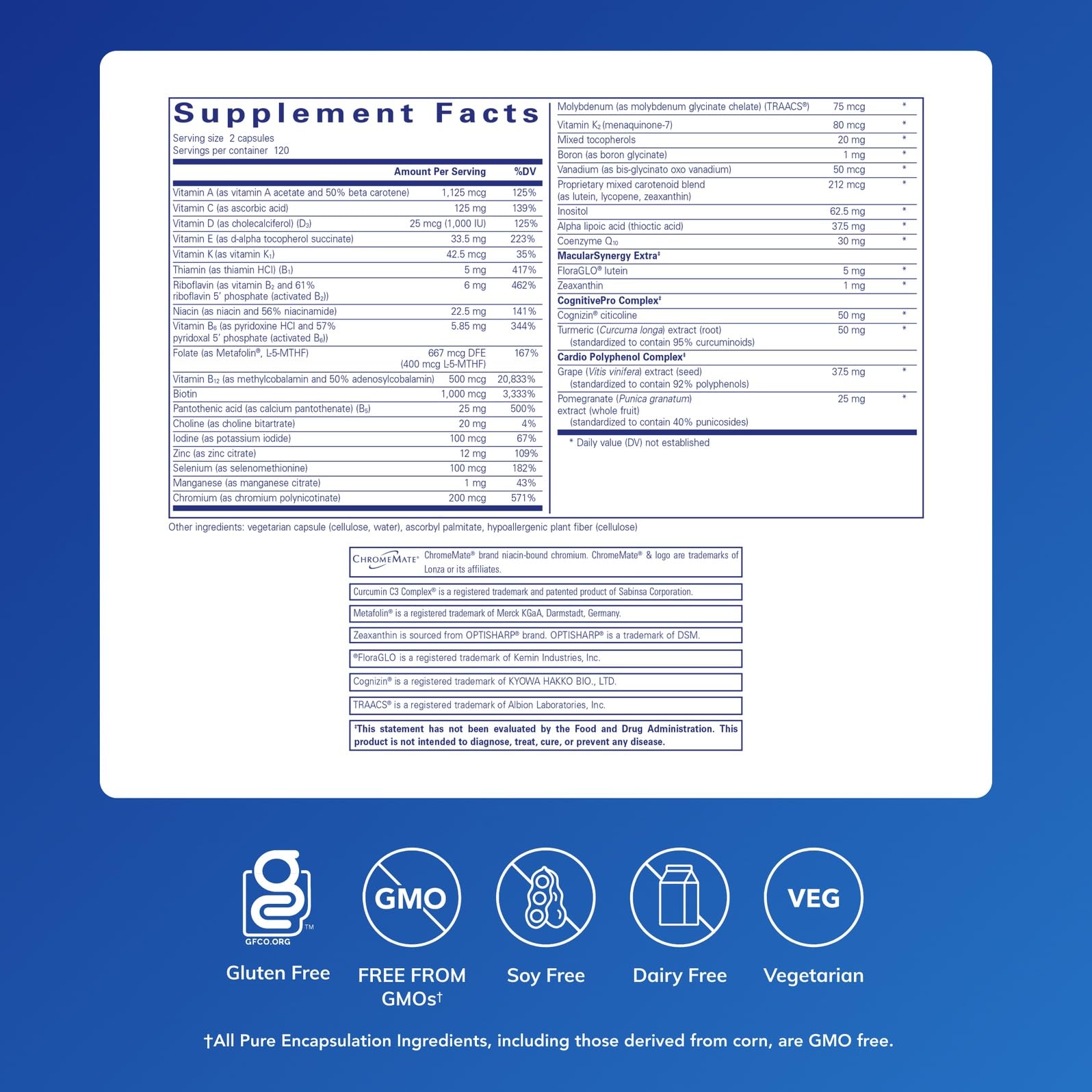 Pure Encapsulations Longevity Nutrients label closeup showing ingredients for brain and eye support