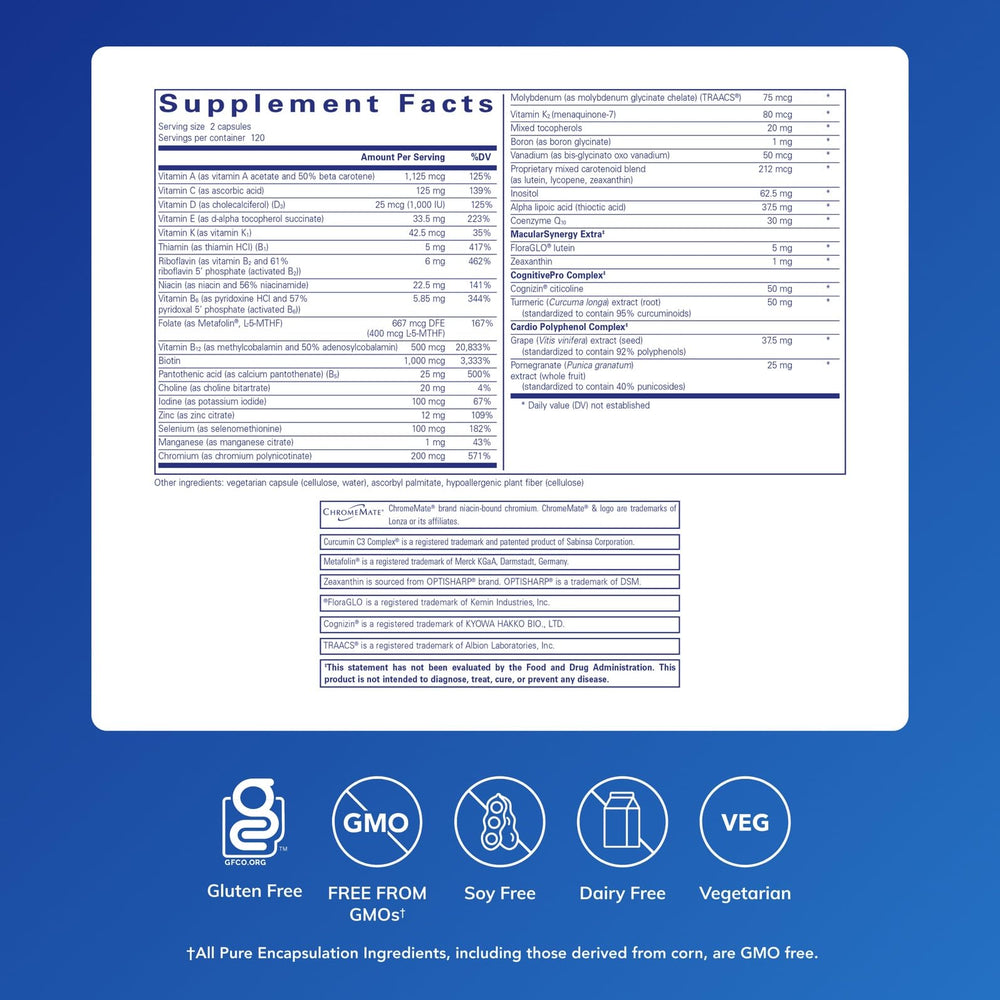 Pure Encapsulations Longevity Nutrients label closeup showing ingredients for brain and eye support