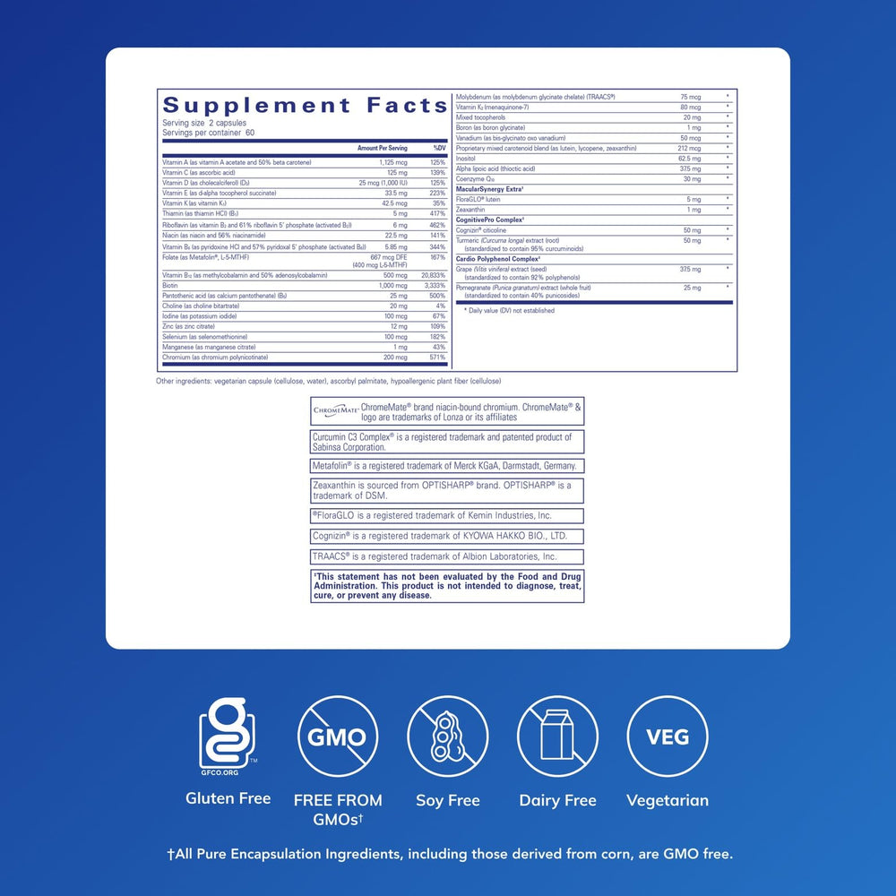 Close-up of Longevity Nutrients label highlighting essential vitamins and minerals.