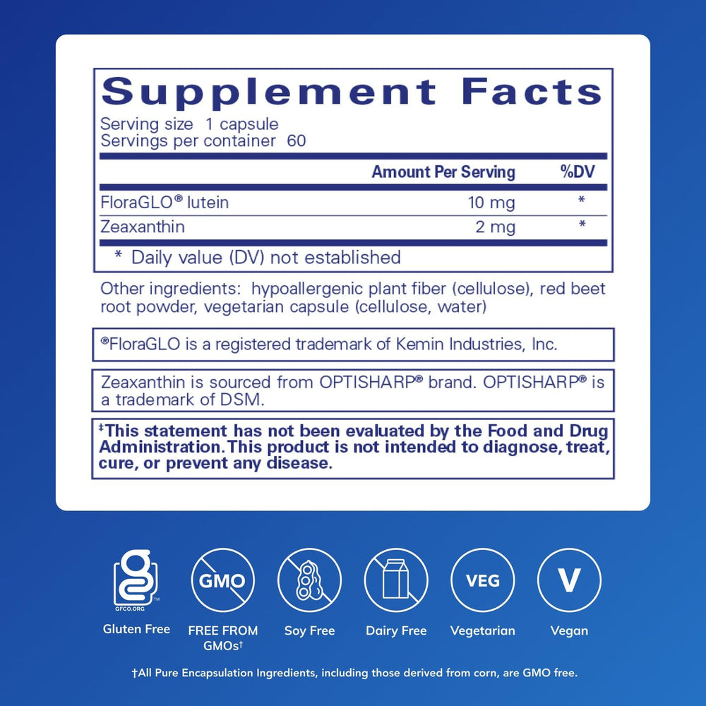 Pure Encapsulations Lutein & Zeaxanthin label close-up emphasizing vegan, non-GMO formula.
