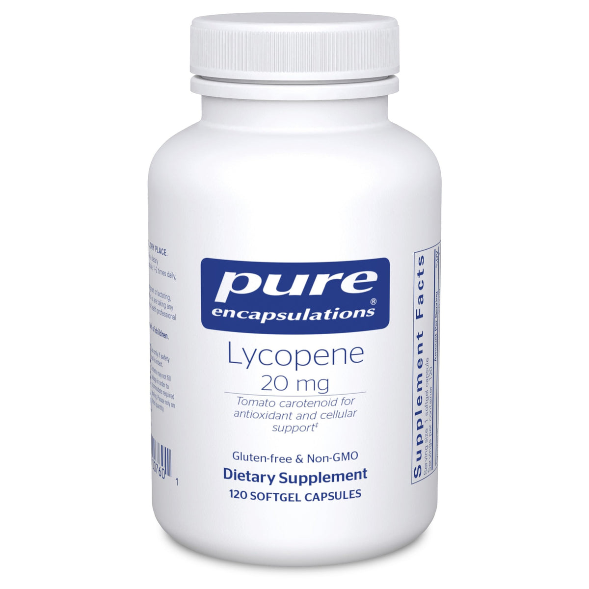 Pure Encapsulations Lycopene 20 mg bottle front view for daily antioxidant support.