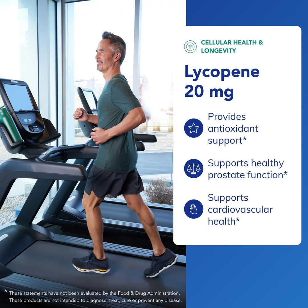 Pure Encapsulations Lycopene 20 mg ingredients panel highlights tomato extract and carotenoids.