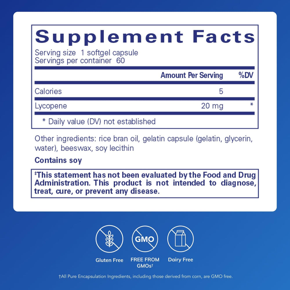 Close-up of Lycopene 20 mg softgels highlighting tomato-based antioxidant formula.