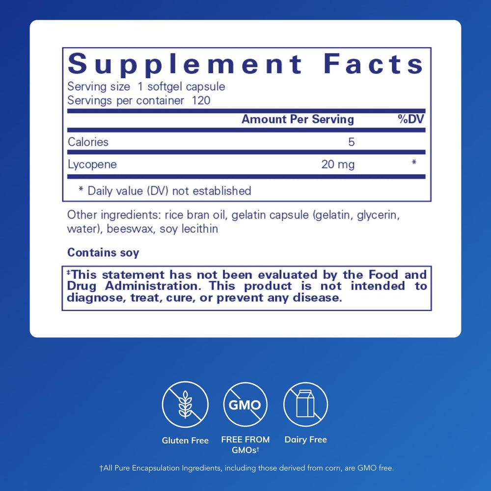 Pure Encapsulations Lycopene 20 mg softgels ready for convenient daily use.