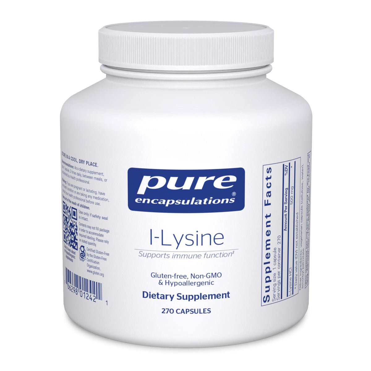Pure Encapsulations L-Lysine bottle label highlighting a pure formulation for immune support