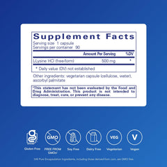 Pure Encapsulations L-Lysine bottle side label showing ingredients and purity emphasis