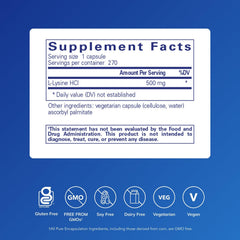 Close-up of Pure Encapsulations L-Lysine capsules showing dosage form