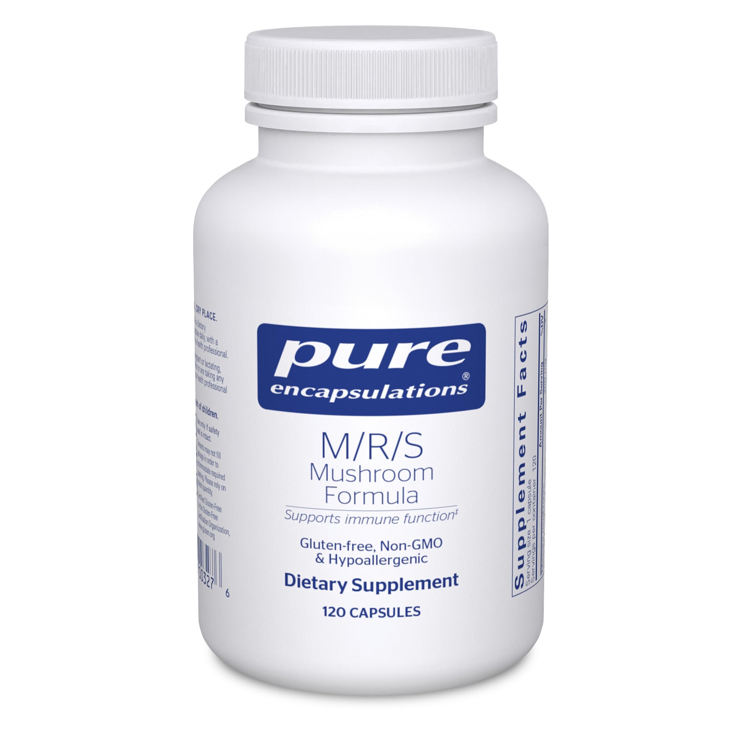 Pure Encapsulations M/R/S Mushroom Formula bottle on shelf; potential immune health support.