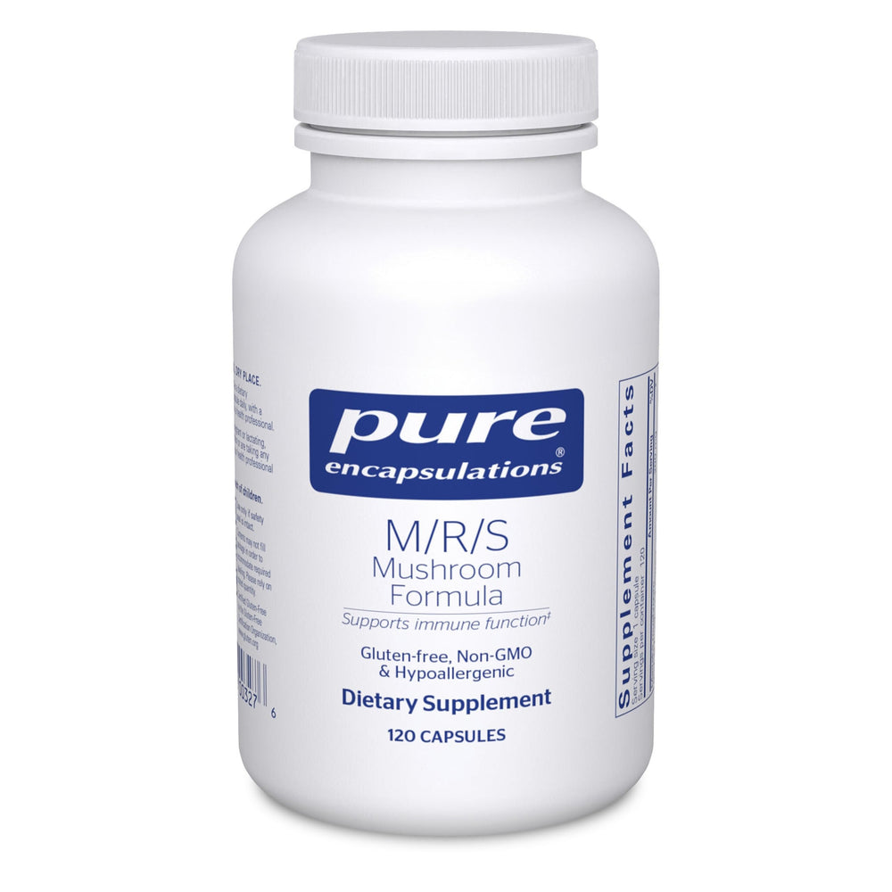 Pure Encapsulations M/R/S Mushroom Formula bottle on shelf; potential immune health support.