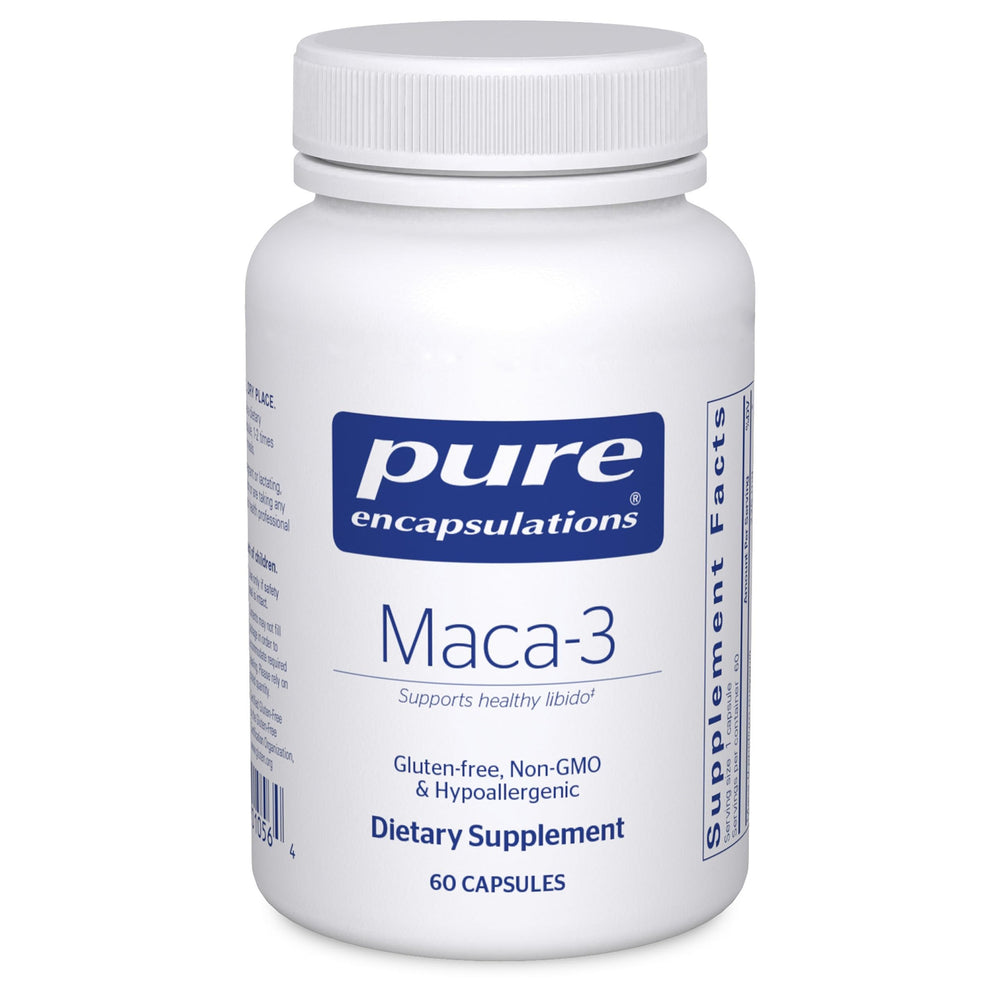 Pure Encapsulations Maca-3 bottle with label; premium hypoallergenic supplement for vitality.