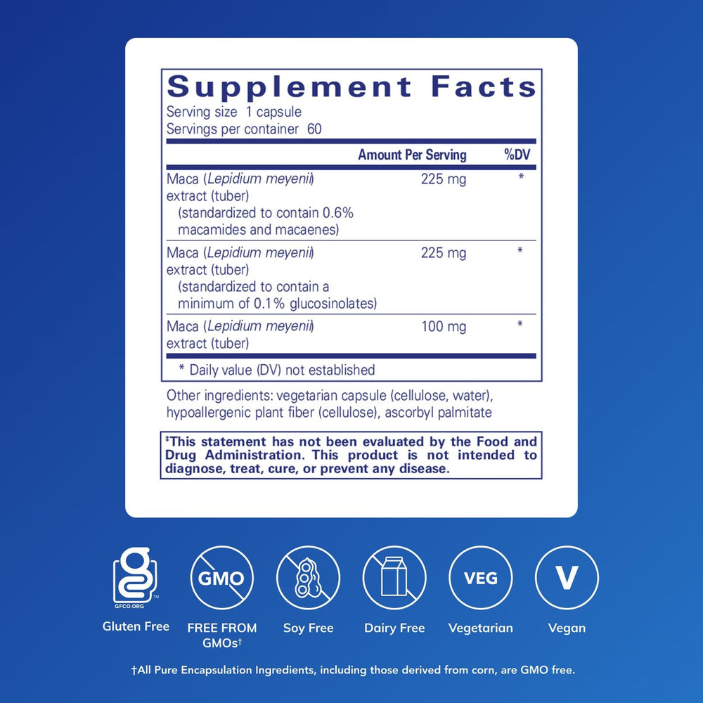 Pure Encapsulations Maca-3 label front showing product name and hypoallergenic promise.