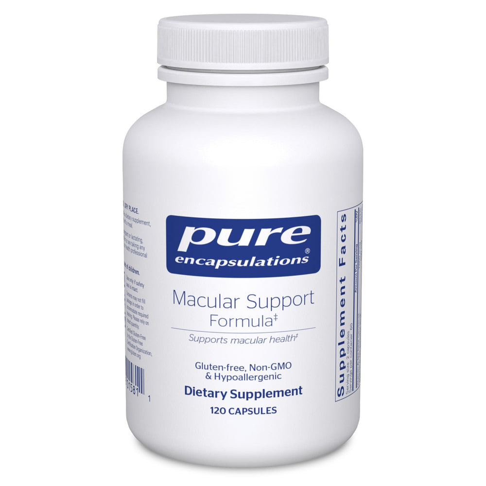 Pure Encapsulations Macular Support bottle showing daily eye health capsules.