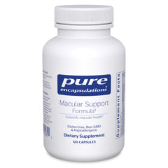 Pure Encapsulations Macular Support bottle showing daily eye health capsules.
