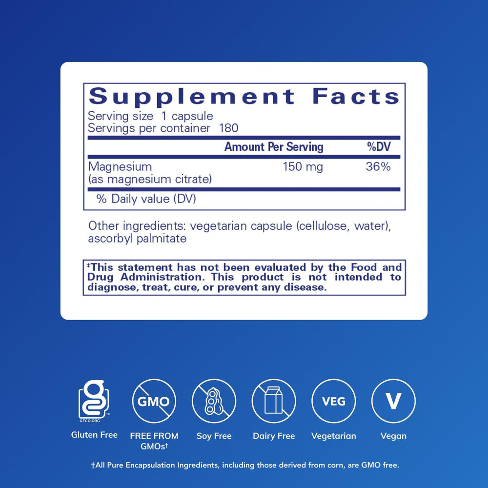 Closeup of Pure Encapsulations Magnesium Citrate capsules promoting energy metabolism