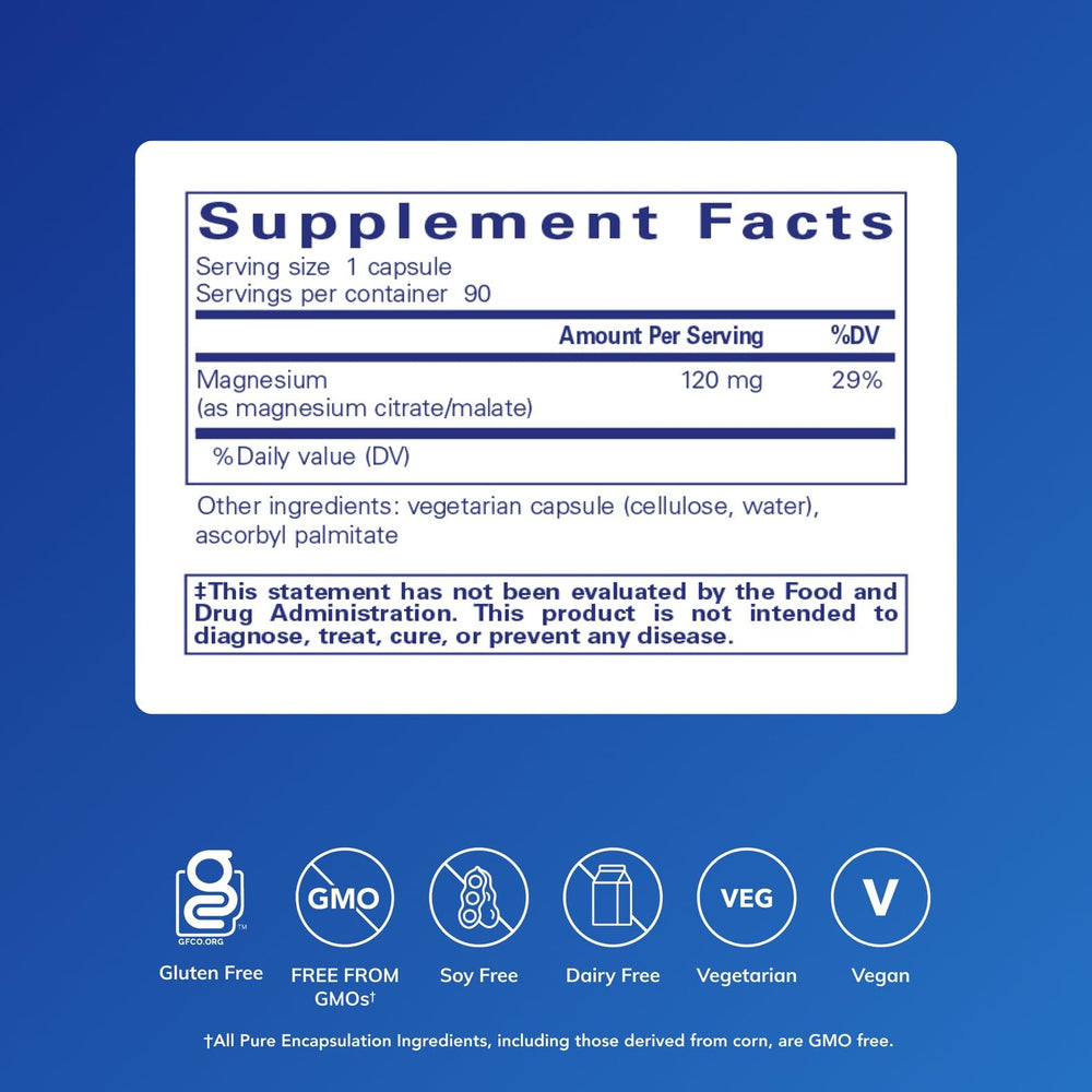 Pure Encapsulations magnesium citrate/malate tablets for steady energy support.