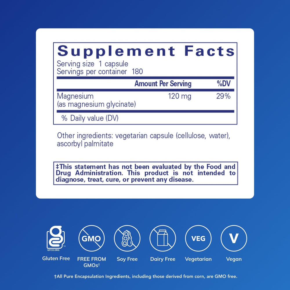 Pure Encapsulations magnesium glycinate capsules close-up: gentle digestion and neuromuscular support.