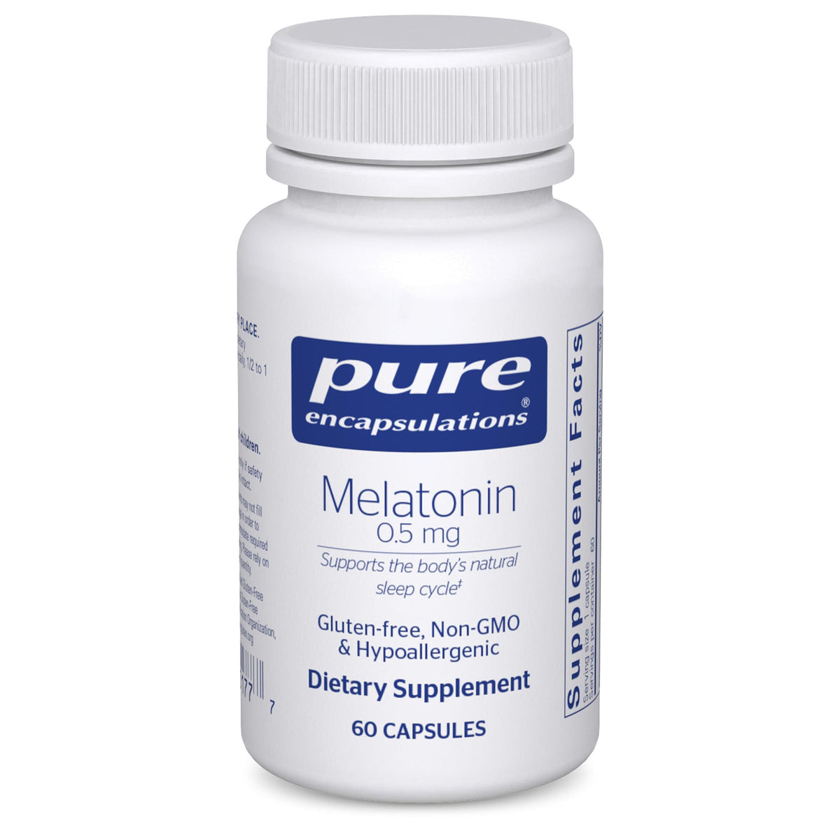Pure Encapsulations Melatonin 0.5 mg bottle front view supports a regular sleep-wake routine