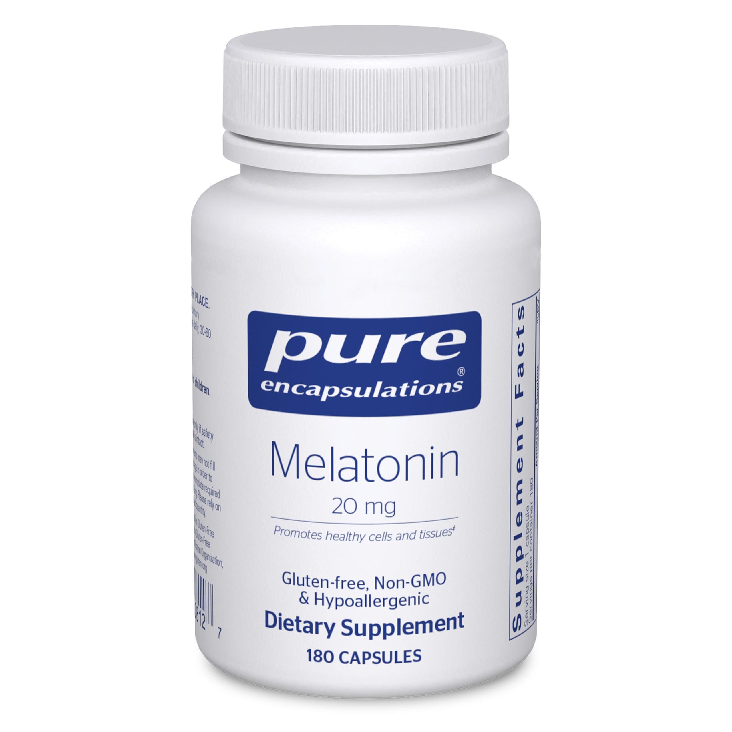 Pure Encapsulations Melatonin 20 mg bottle with high purity and immune support possibilities.