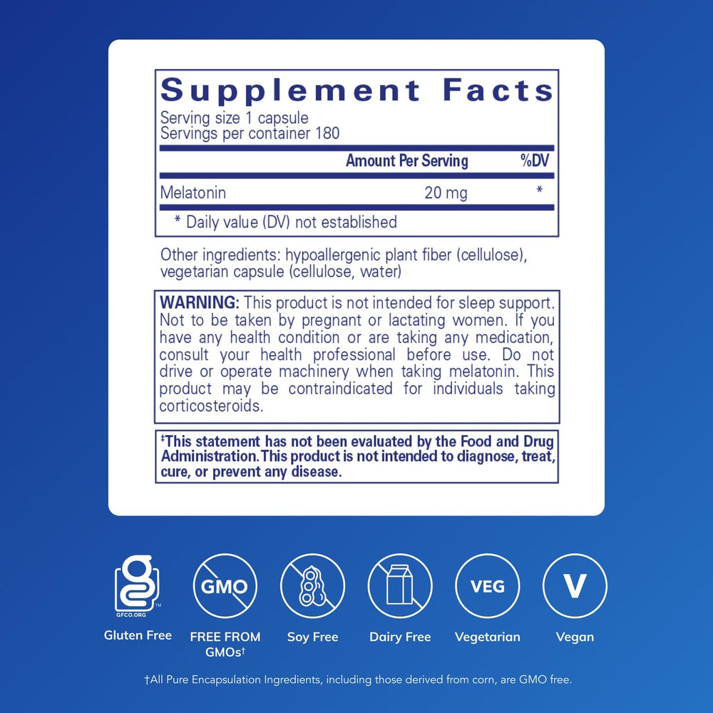 Melatonin capsules image showing 20 mg dose for tissue wellness.