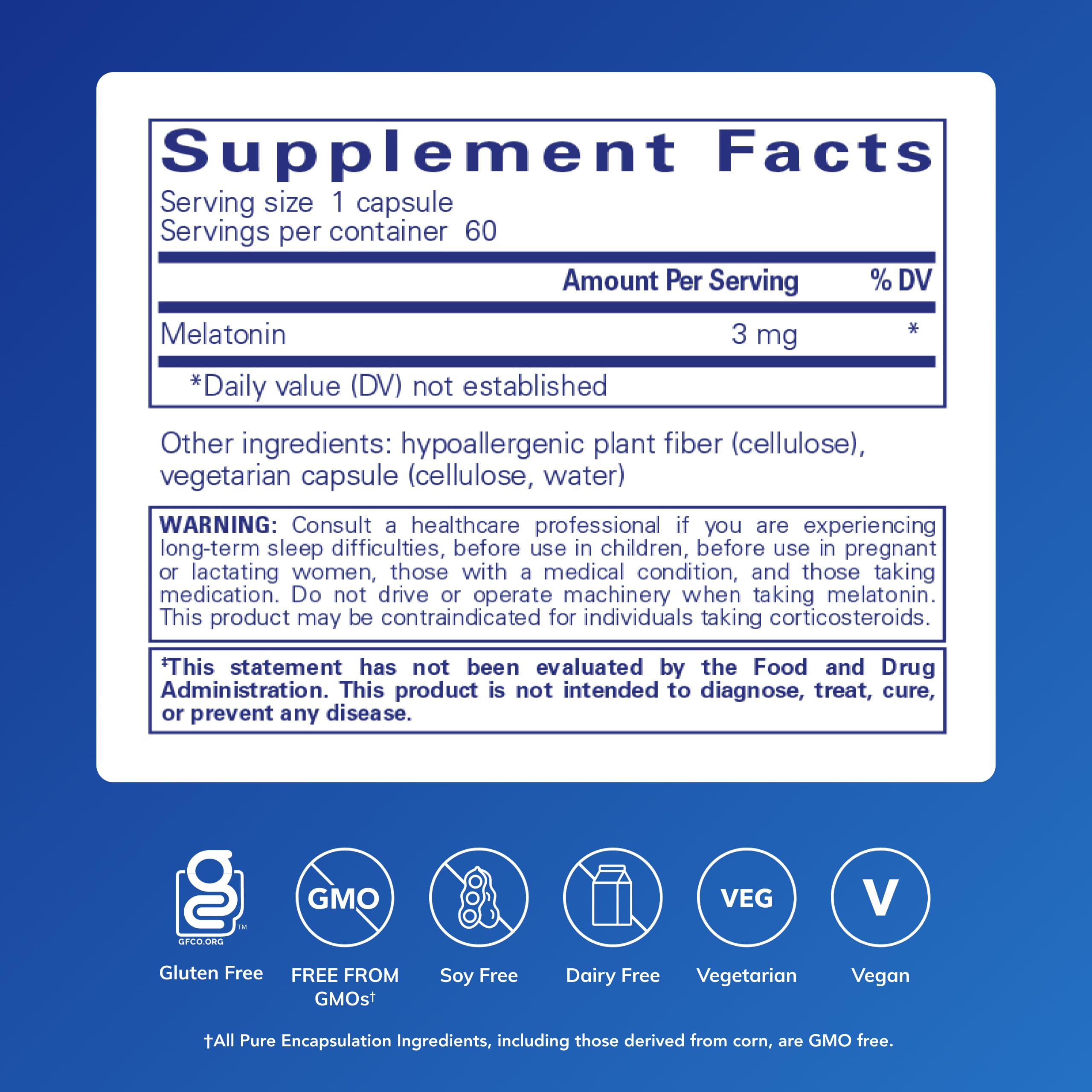 Pure Encapsulations Melatonin 3 mg bottle open shows capsules ready for nightly use