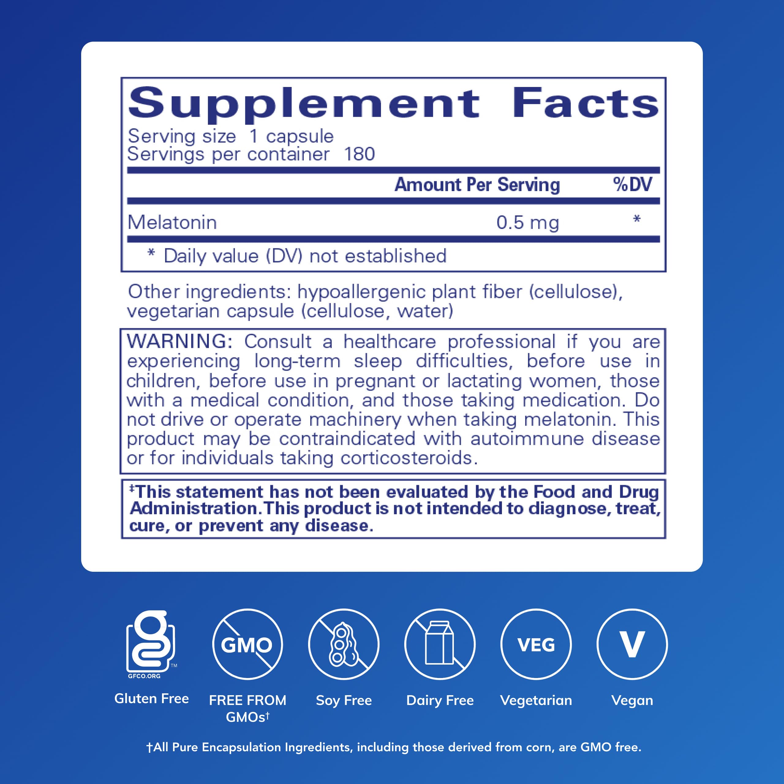 Melatonin capsules by Pure Encapsulations with water for nightly use.