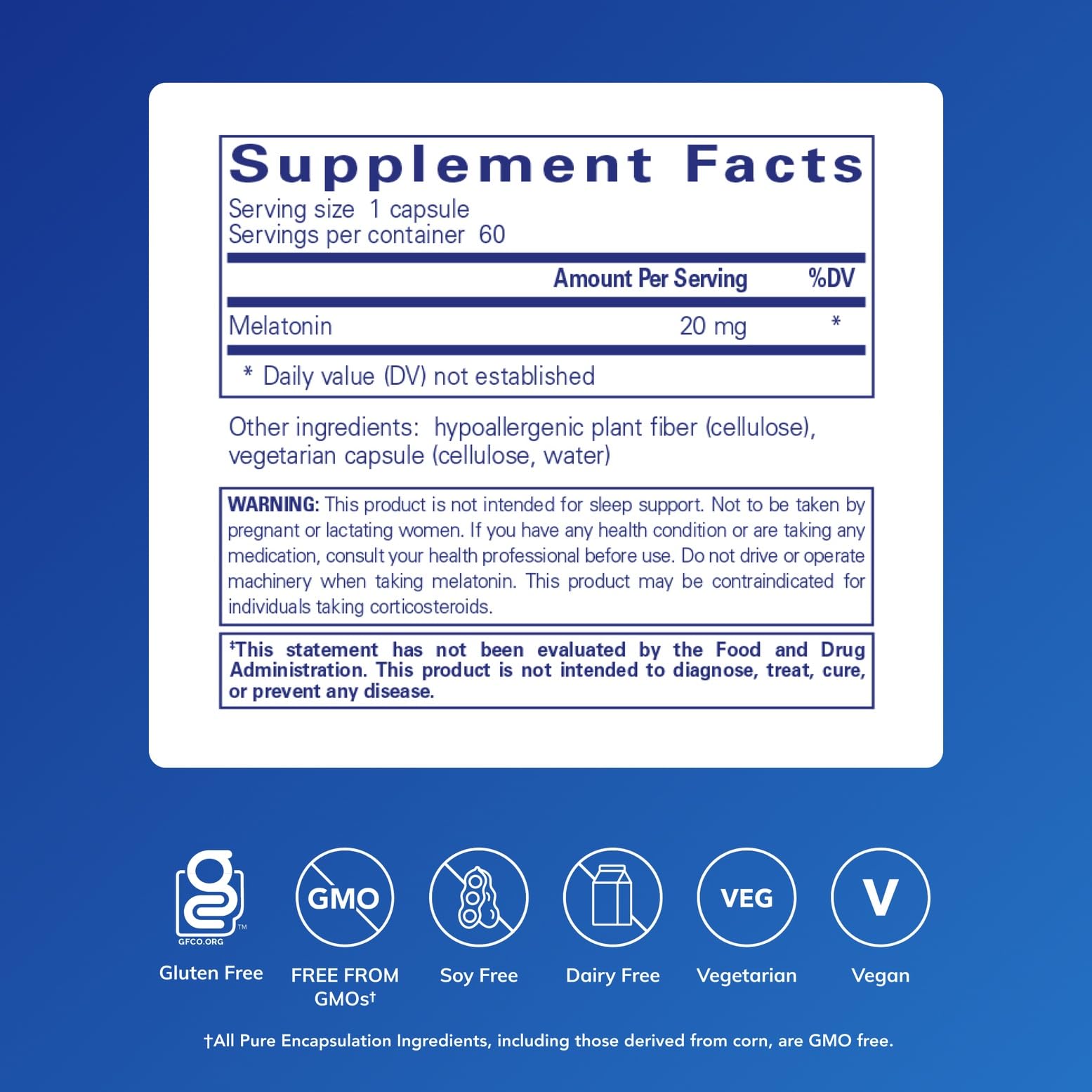 Close-up of Pure Encapsulations Melatonin label highlighting gluten-free and non-GMO features.