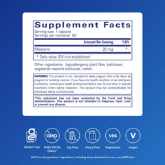 Close-up of Pure Encapsulations Melatonin label highlighting gluten-free and non-GMO features.