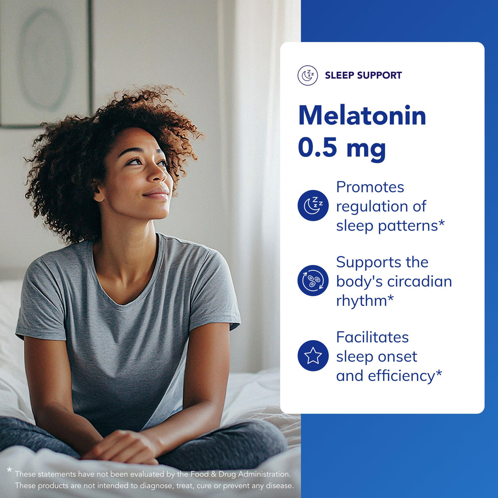 Melatonin 0.5 mg label highlighting vegan and non-GMO status.