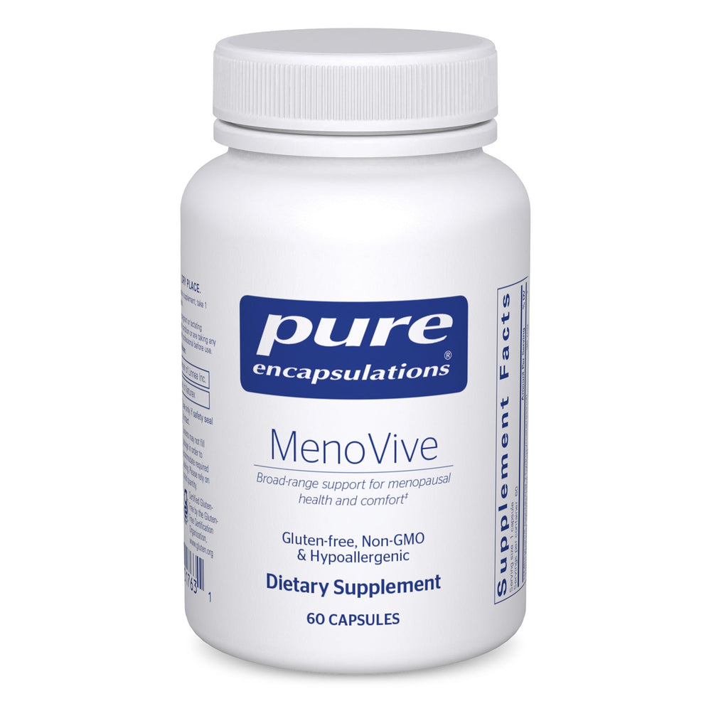 Pure Encapsulations MenoVive bottle close-up for menopausal comfort.