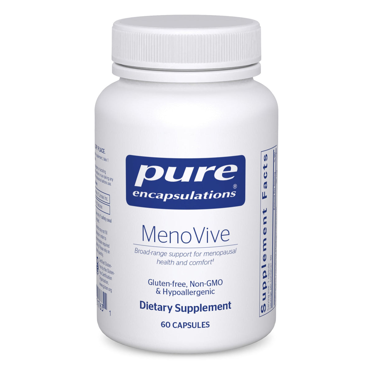 Pure Encapsulations MenoVive bottle close-up for menopausal comfort.