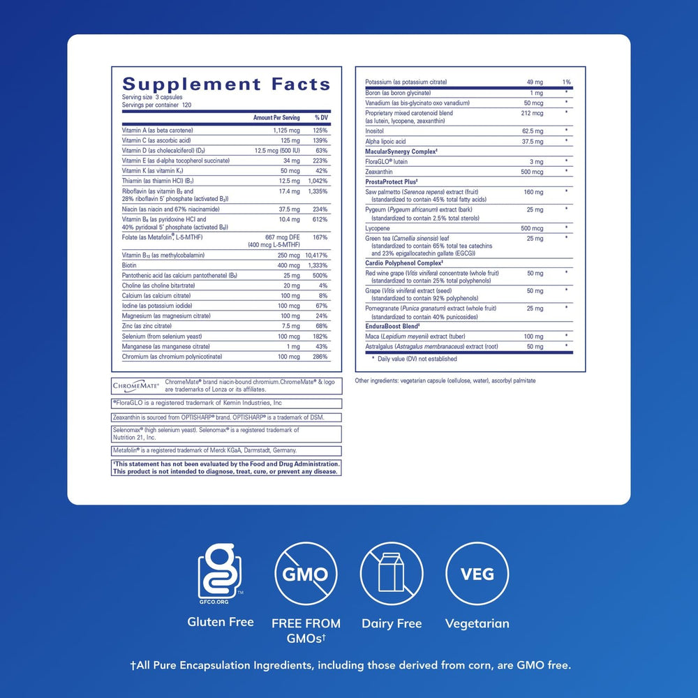 Pure Encapsulations Men's Nutrients label closeup showing key ingredients.