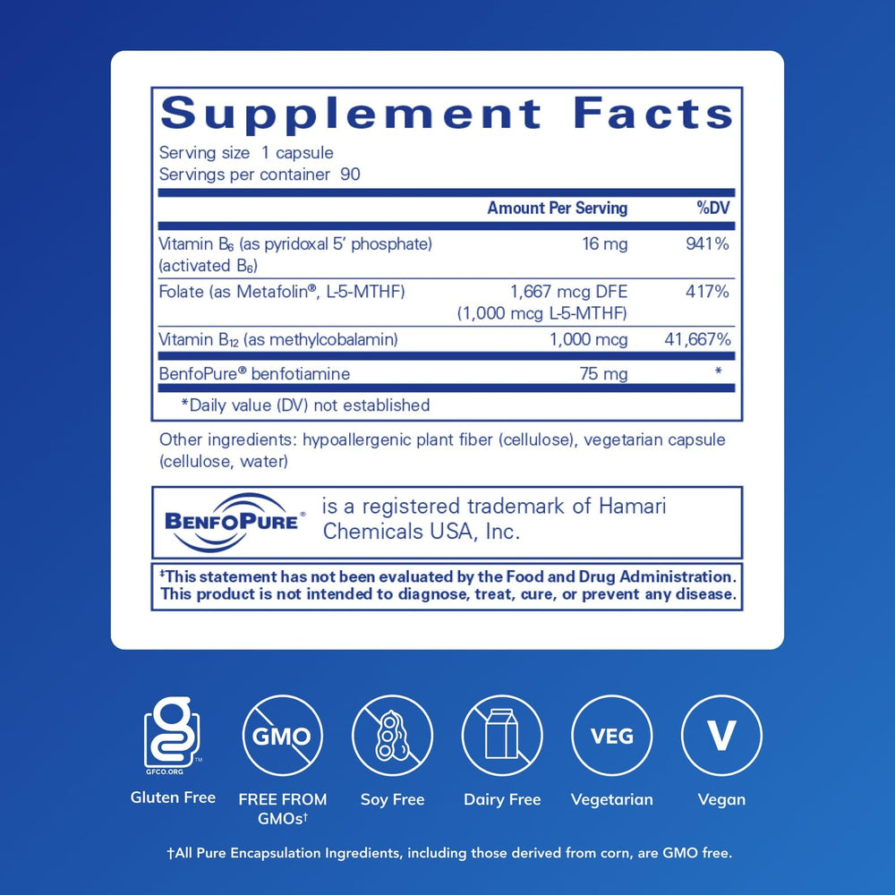 Pure Encapsulations MethylAssist 90s capsules closeup highlighting B vitamins for heart and brain wellness