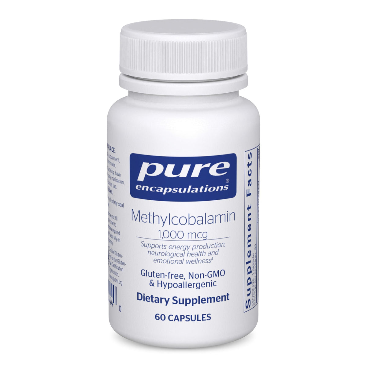 Pure Encapsulations methylcobalamin 1000 mcg bottle pour demonstrating daily dose option.
