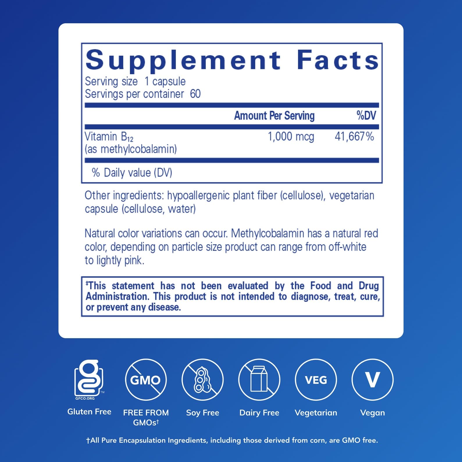 Pure Encapsulations methylcobalamin capsules closeup for everyday energy and nerve health.