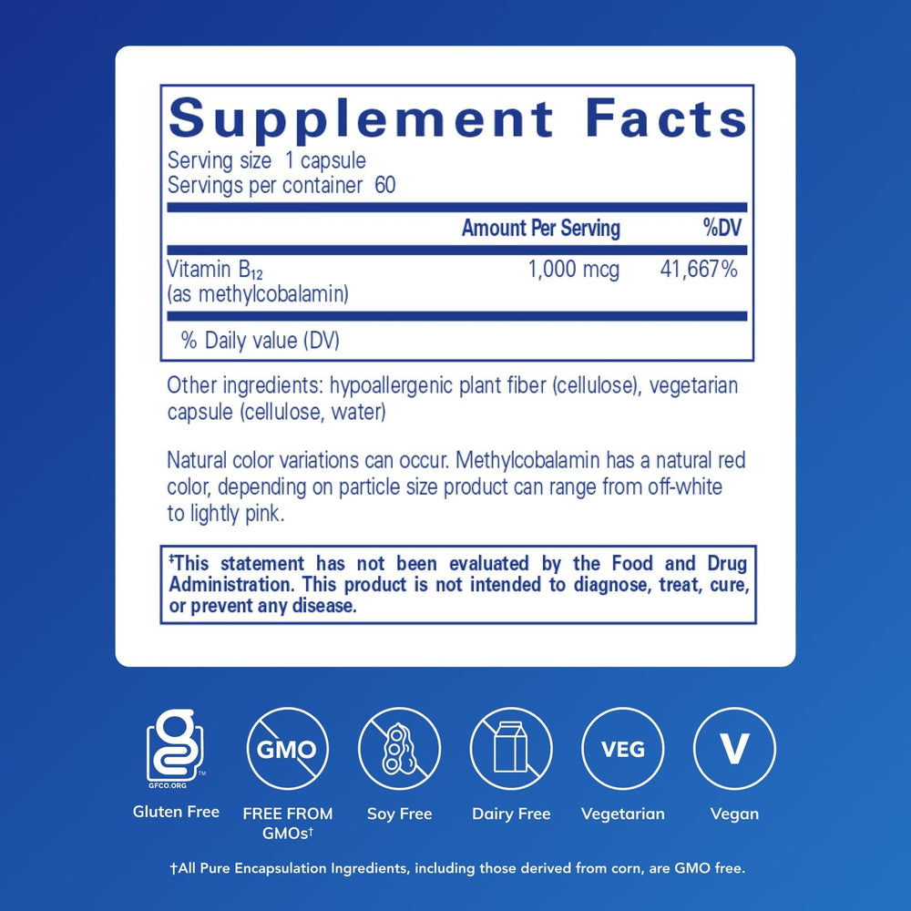Pure Encapsulations methylcobalamin capsules closeup for everyday energy and nerve health.