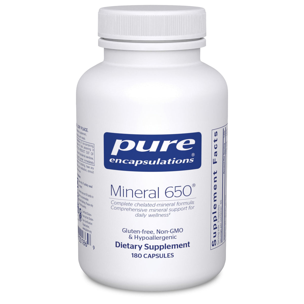 Pure Encapsulations Mineral 650 bottle and label showing hypoallergenic mineral blend.