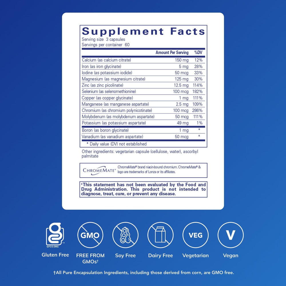 Close-up of Mineral 650 capsules highlighting a balanced chelated mineral mix.