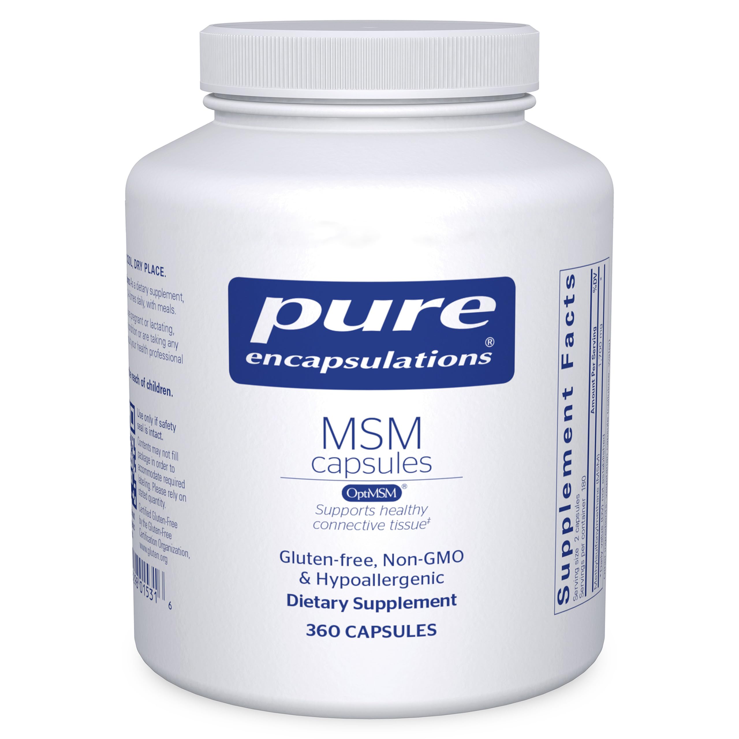 Pure Encapsulations MSM capsules bottle front view highlighting joint support potential.