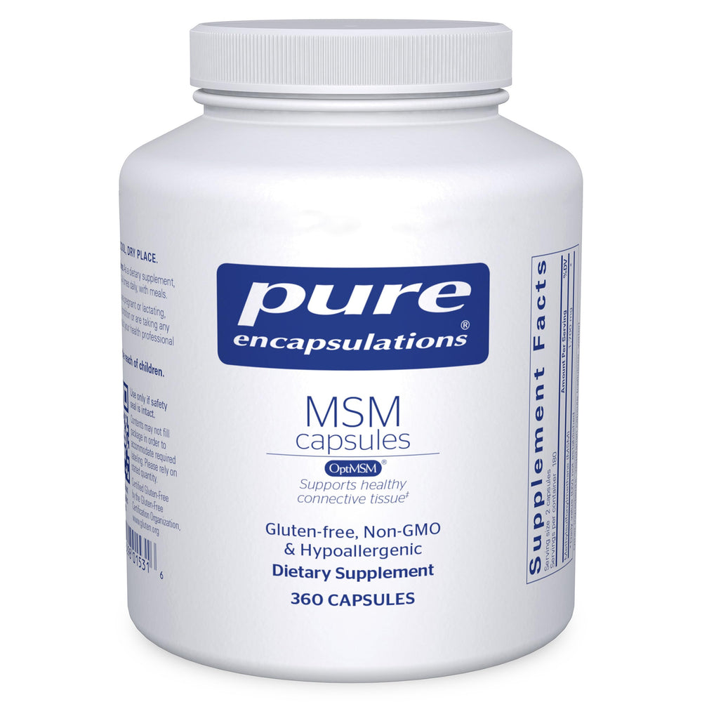 Pure Encapsulations MSM capsules bottle front view highlighting joint support potential.