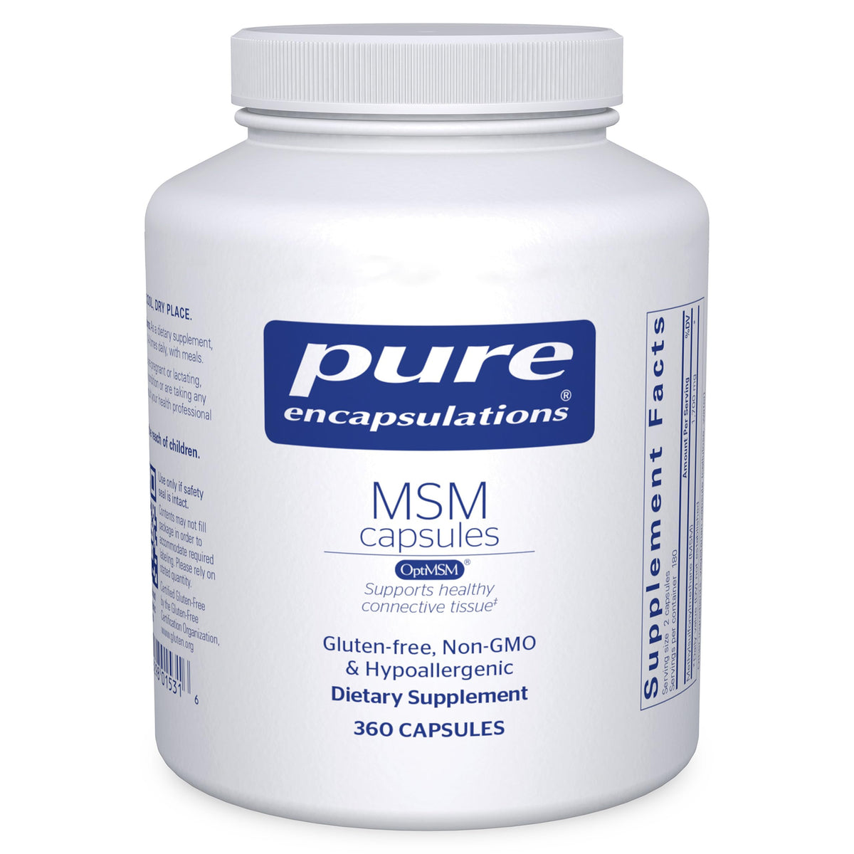 Pure Encapsulations MSM capsules bottle front view highlighting joint support potential.